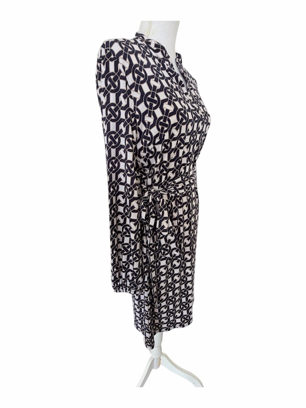 Laundry by Design Navy White Chain Link Print Belted Jersey Midi Dress Size M - Picture 2 of 9